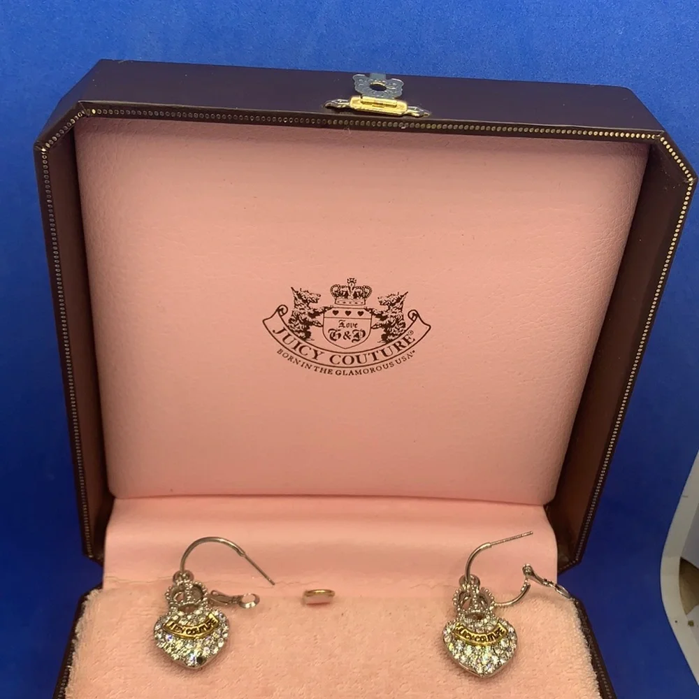 Rare - JUICY COUTURE‎ Silver Tone Heart With Crown Rhinstone Earrings